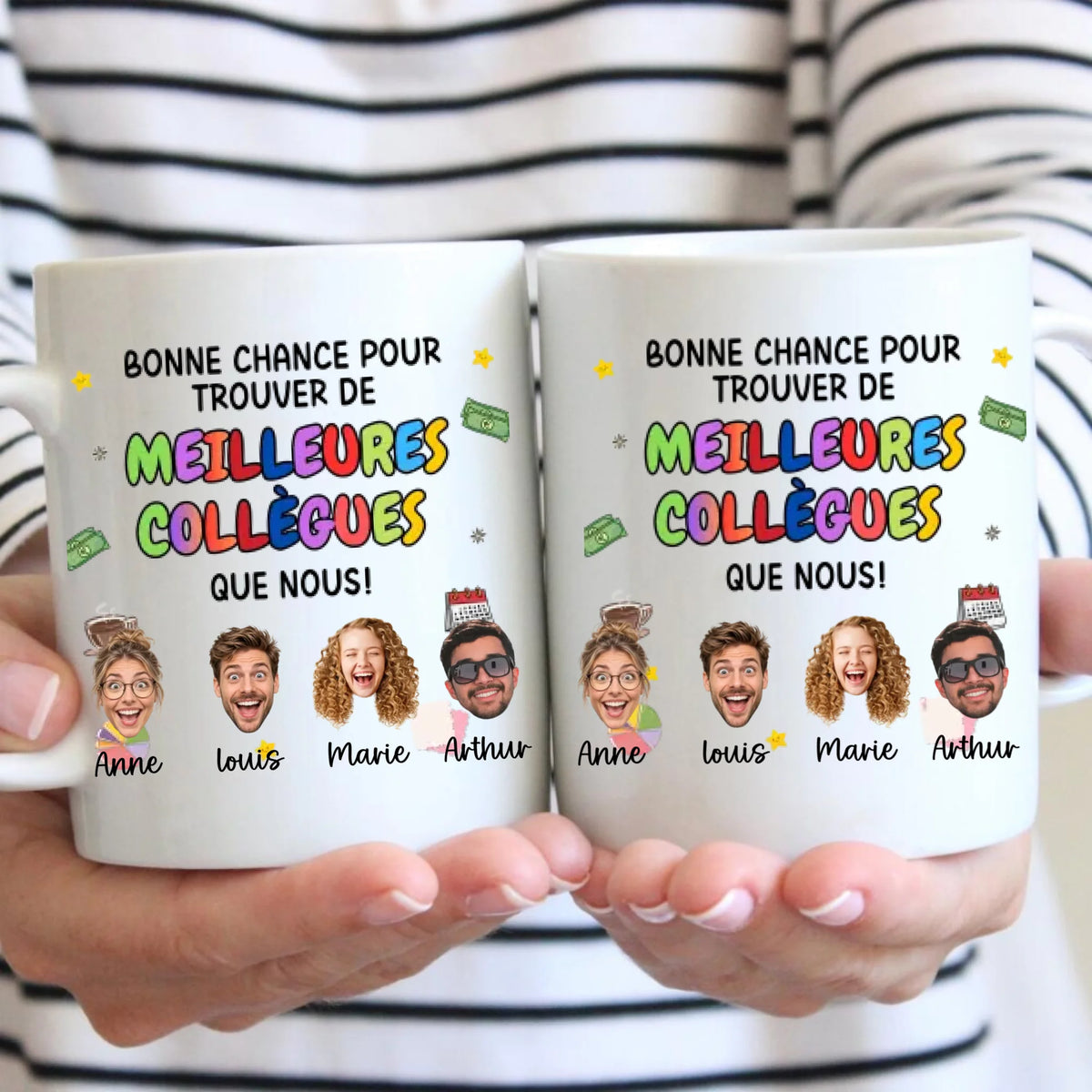 Tasse d'adieu « Bonne chance » personnalisée pour les collègues, avec des visages découpés