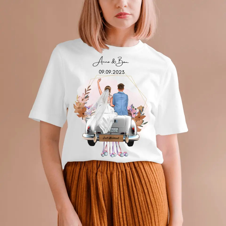 "Just Married" gepersonaliseerd trouw T-shirt - Voor bruid en bruidegom, huwelijkscadeau