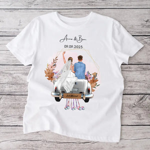 "Just Married" gepersonaliseerd trouw T-shirt - Voor bruid en bruidegom, huwelijkscadeau
